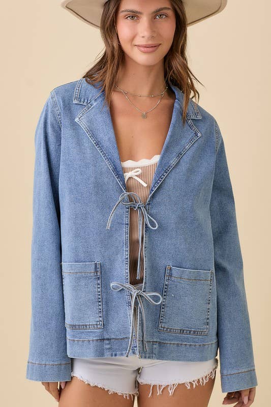 Lapel Collar Denim Jacket With Front Tie Detail