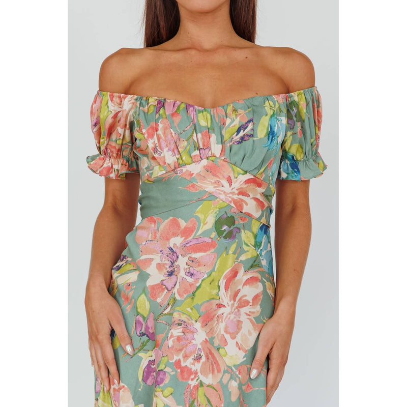 Sage Green Floral Printed Midi Dress
