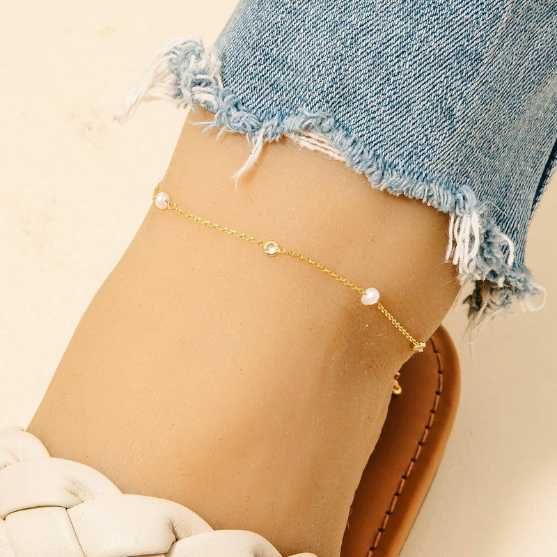 Cz And Pearl Station Chain Anklet