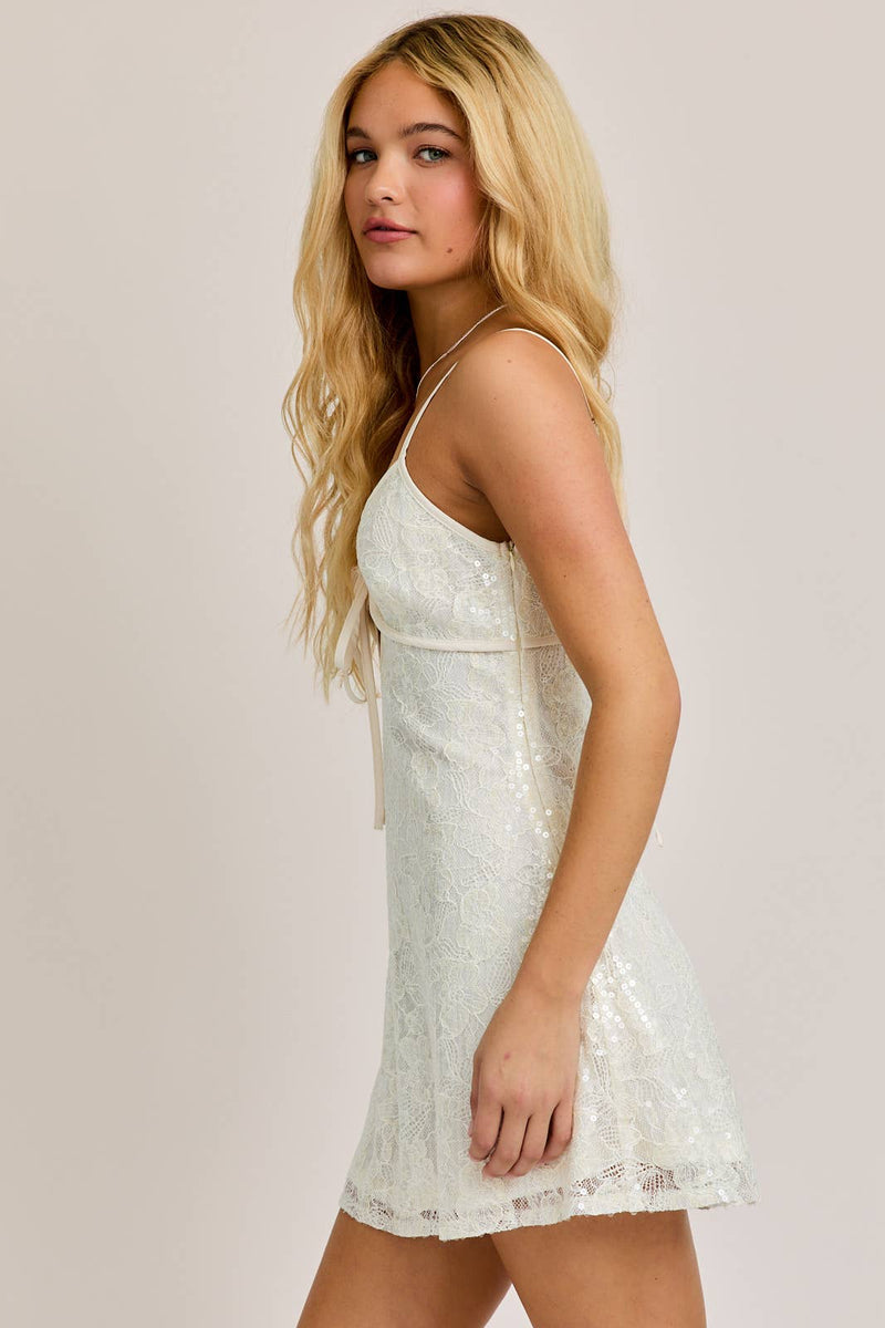 Ivory Out Detail Sequin Lace Mini Dress