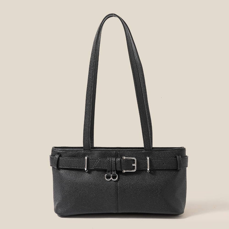 Black Rectangle Belt Strap Faux Leather Shoulder Bag
