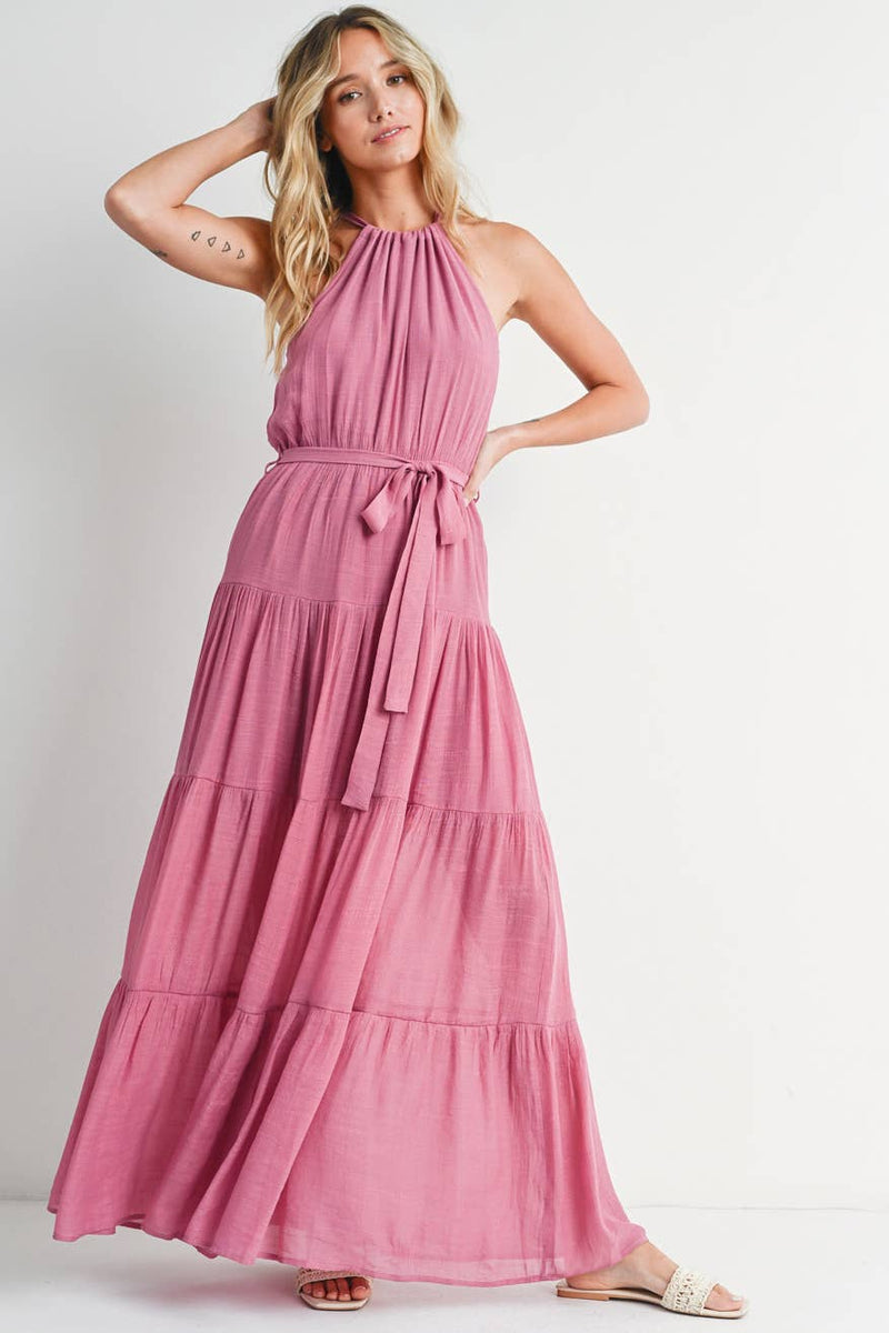 Rose Halter Tie-Waist Maxi Dress