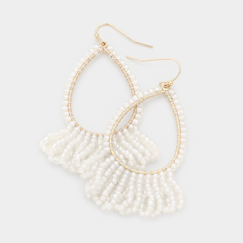 White Silver Seed Beaded Round Dangle Earrings