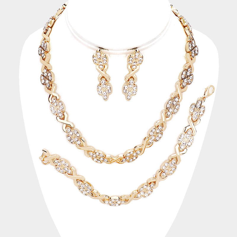 3PCS - Rhinestone Pave Metal Necklace Jewelry Set
