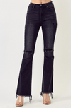 Black High Rise Distressed Raw Hem Flare Jeans