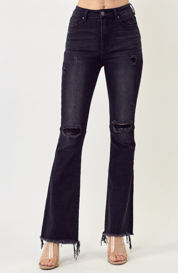 Black High Rise Distressed Raw Hem Flare Jeans