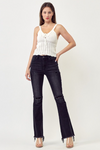 Black High Rise Distressed Raw Hem Flare Jeans