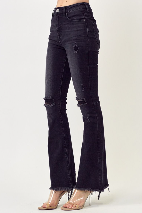 Black High Rise Distressed Raw Hem Flare Jeans